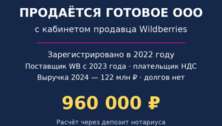 ООО 2022 г. с кабинетом Wildberries, НДС, без долгов - GrandActive